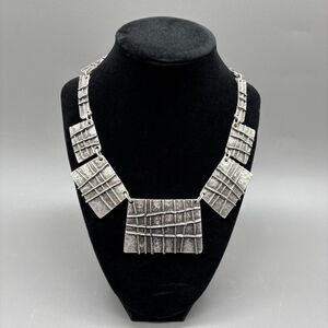 Brutalist Silver Tone Statement Necklace Turkish Modernist Architectural Grid